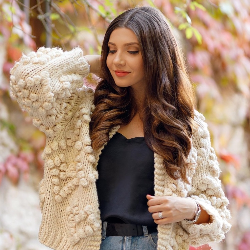 Chicwish Knit Your Love Cardigan Sweater Chunky Knit Pom Pom Women Sz Medium